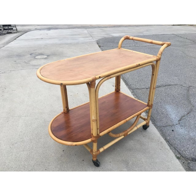 Restored Vintage Two-Tier Rattan and Mahogany Tombstone Bar Cart - 8