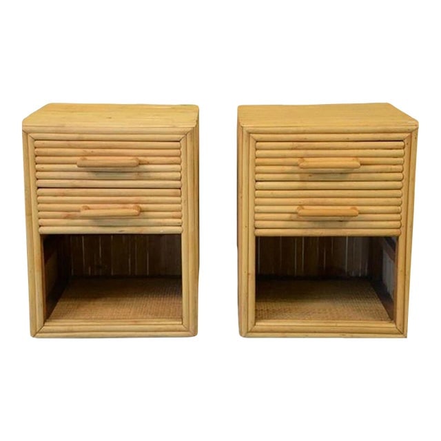 1930s Restored Horizontal Stacked Stick Rattan Side Bedside Table W/ Cubby Space, Pair (1 of 5)
