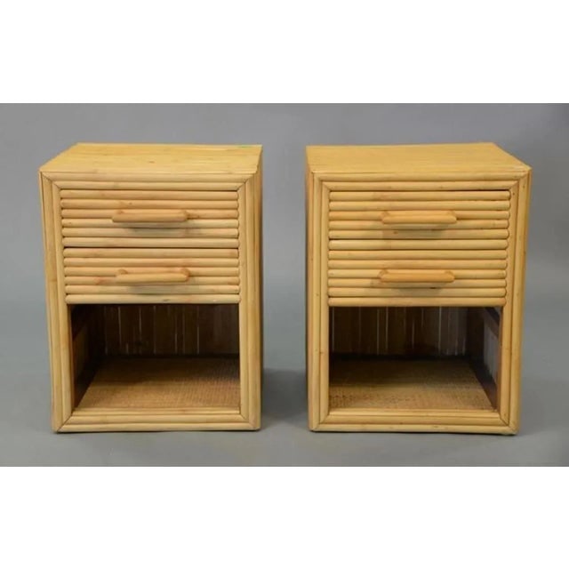 1930s Restored Horizontal Stacked Stick Rattan Side Bedside Table W/ Cubby Space, Pair - 5