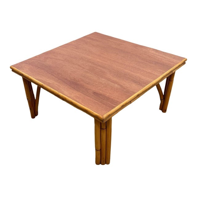 1950s Restored MCM Rattan Coffee Table With Mahogany Top and Rattan Border (1 of 8)