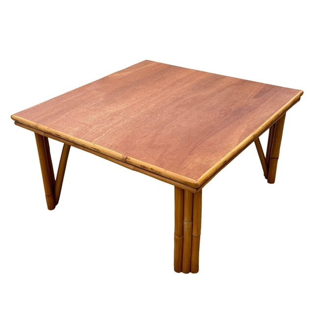 1950s Restored MCM Rattan Coffee Table With Mahogany Top and Rattan Border - 3
