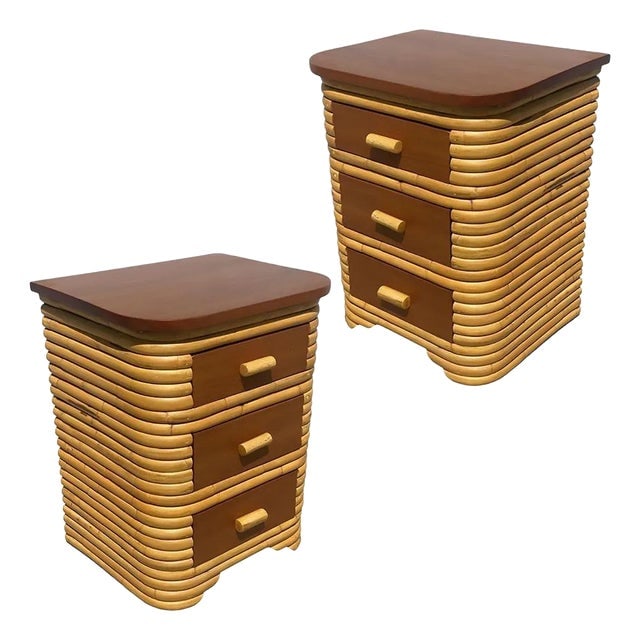 1930s Restored Streamline Art Deco Stacked Rattan Bedside Table W/ Mahogany Top, Pair (1 of 7)