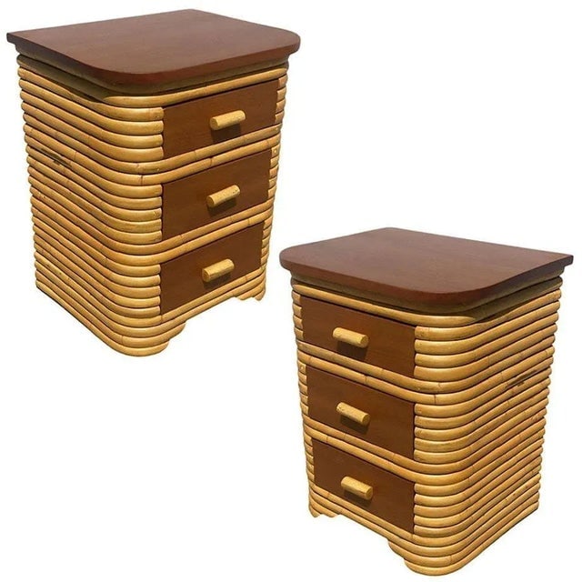 1930s Restored Streamline Art Deco Stacked Rattan Bedside Table W/ Mahogany Top, Pair - 2