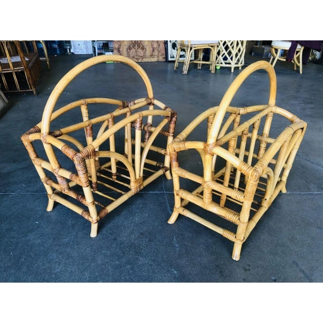 Restored Palm Rattan Magazine Racks With Handles, a Pair - 6