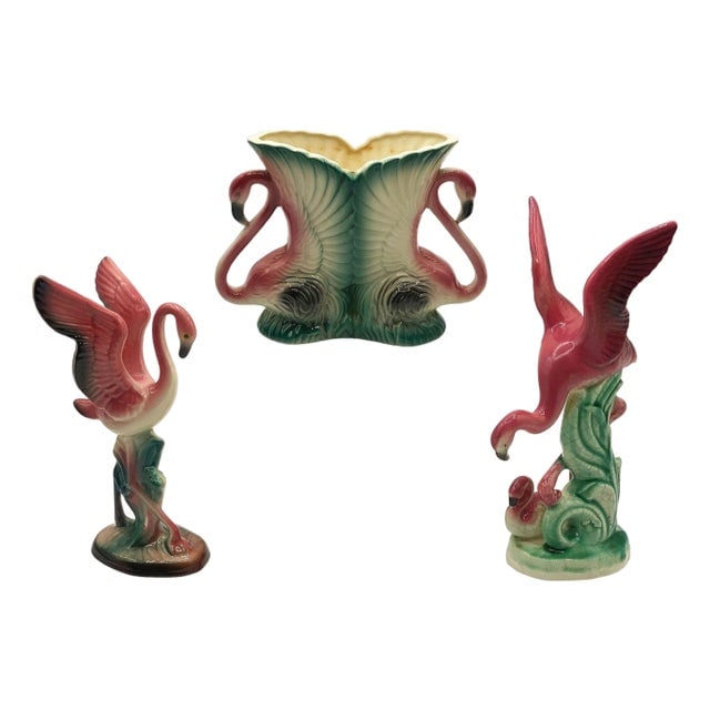 Mid-Century Ceramic Flamingo Figurine & Vase Set by Maddux & Leftons- 3 Pieces: Title: Mid-Century Ceramic Flamingo Figurine & Vase Set by Maddux & Leftons- 3 Pieces Description: Mid-century set of 2 pink and green flamingo ceramic figurines and decorative vase. The set features 