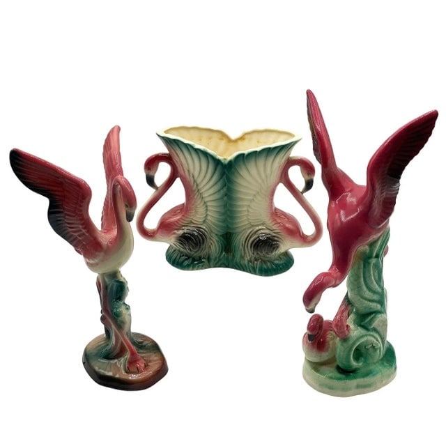 Mid-Century Ceramic Flamingo Figurine & Vase Set by Maddux & Leftons- 3 Pieces - 2