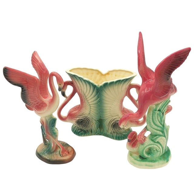 Mid-Century Ceramic Flamingo Figurine & Vase Set by Maddux & Leftons- 3 Pieces - 3