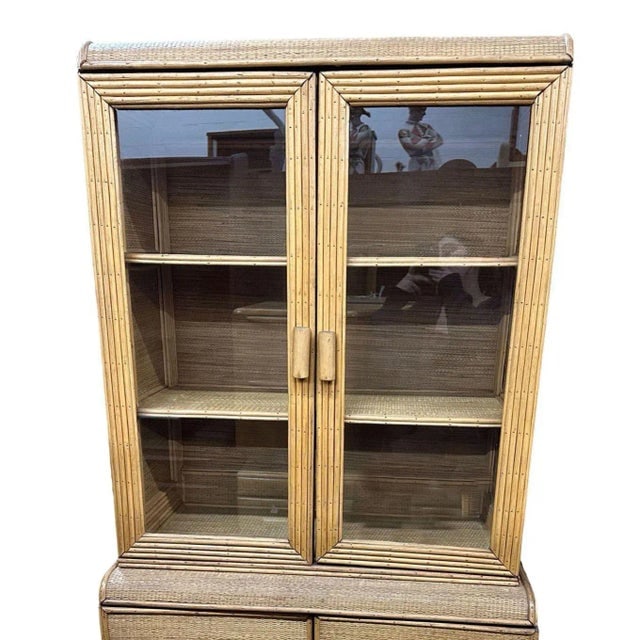 1930s Restored Art Deco Stick Rattan & Grass Mat China Cabinet/Etagere - 7