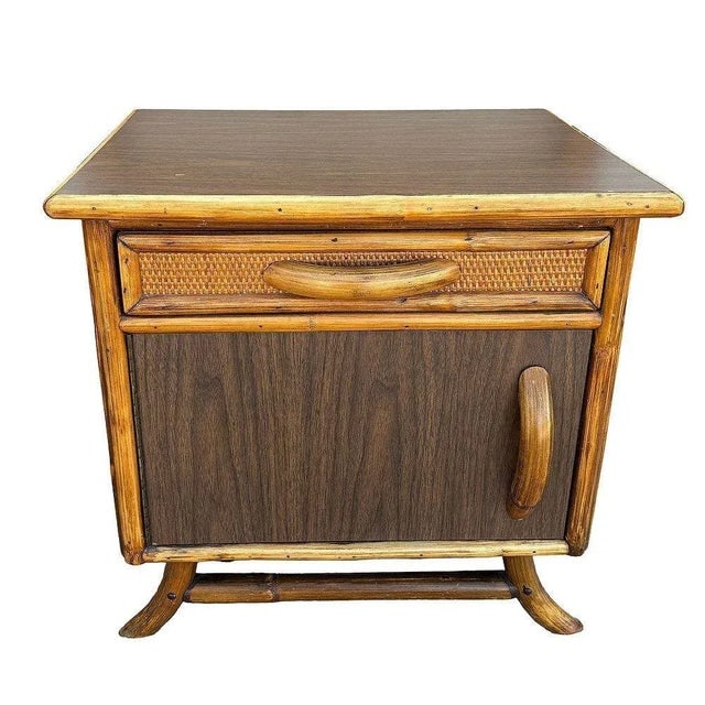 1950s Restored James Mont Styles Rattan & Woven Wicker Bedside Table, Pair - 2