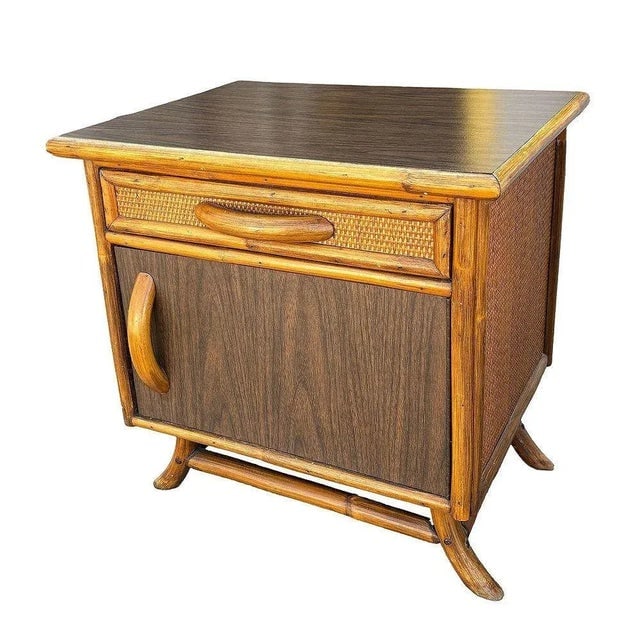 1950s Restored James Mont Styles Rattan & Woven Wicker Bedside Table, Pair - 3