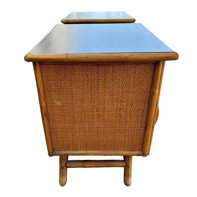 1950s Restored James Mont Styles Rattan & Woven Wicker Bedside Table, Pair - 4