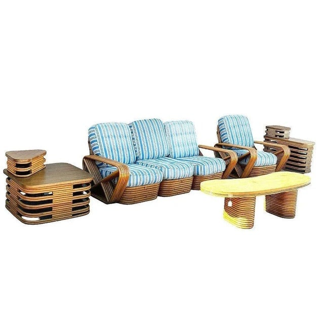 1940s Restored Mid-Century Modern Rattan Six Strand Square Pretzel Table & Seating Livingroom Set- 5 - 2