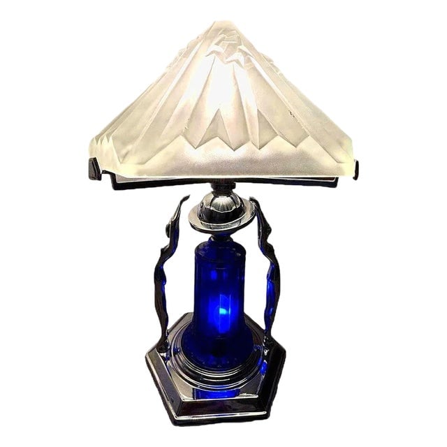 1980s Frankart Era Art Deco Style Chrome & Cobalt Figural Lamp With Vivian Glass Shade (1 of 10)