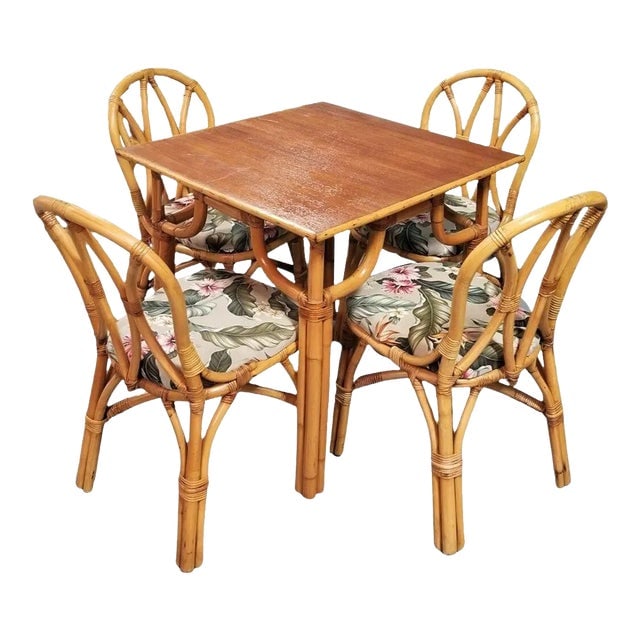 1950s Restored Rattan 3-Strand "Hour Glass" Dining Table & Chairs Dining Set of 5 (1 of 8)