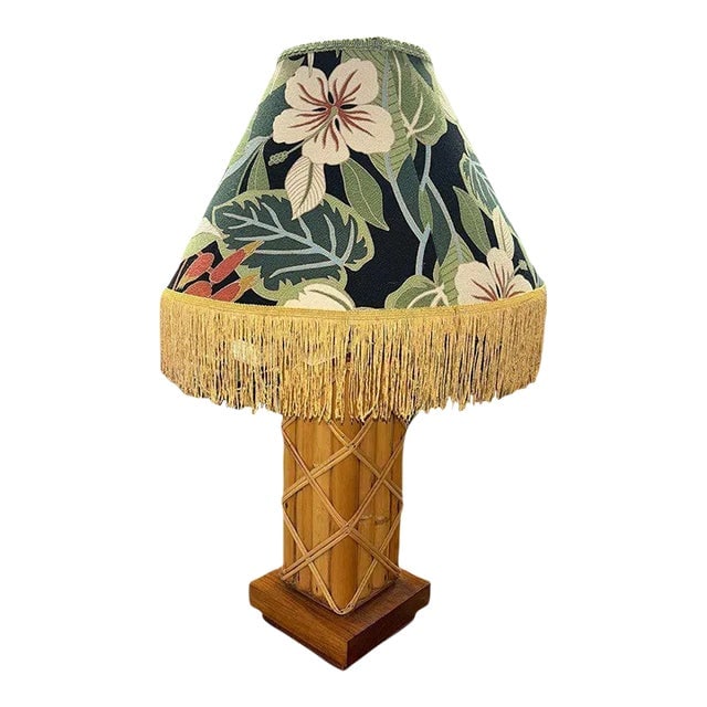 1950s Restored Modernist Lattice Wrapped Rattan Table Lamp With Lamp Shade (1 of 6)