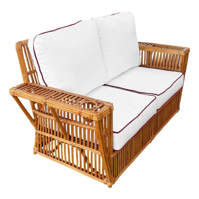 Art Deco Style "Presidents" Stick Reed Rattan 2-Seat Settee Sofa: Title: Art Deco Style "Presidents" Stick Reed Rattan 2-Seat Settee Sofa Description: This beautifully restored striking Nantucket settee features classic stick rattan framing with tightly woven wicker