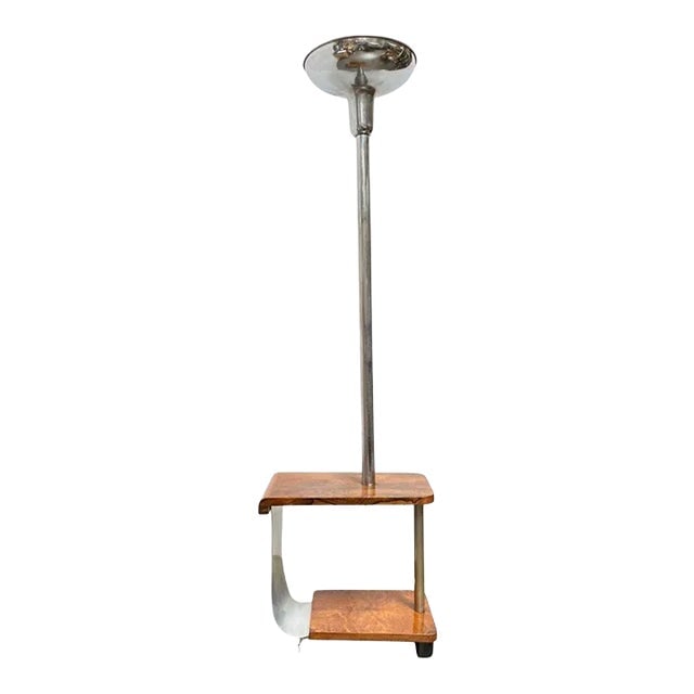 1930s Art Deco Chrome & Wood Torchiere Floor Lamp End Table (1 of 6)