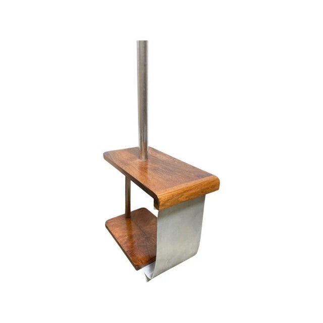 1930s Art Deco Chrome & Wood Torchiere Floor Lamp End Table - 2