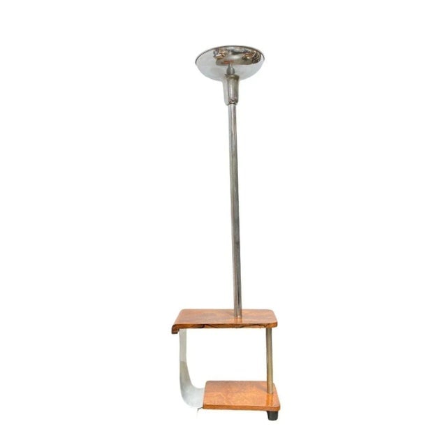 1930s Art Deco Chrome & Wood Torchiere Floor Lamp End Table - 4