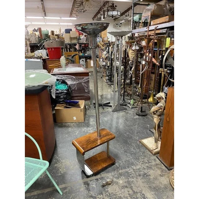 1930s Art Deco Chrome & Wood Torchiere Floor Lamp End Table - 5