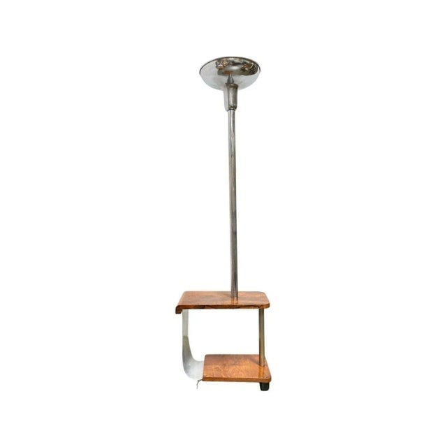 1930s Art Deco Chrome & Wood Torchiere Floor Lamp End Table - 6