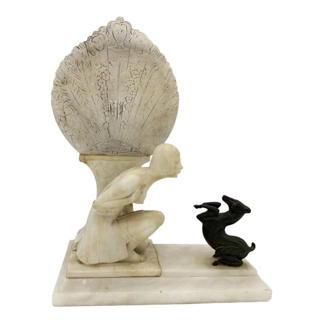 1920s Hand Carved Art Deco Figure Flapper Girl Alabaster Table Lamp W/ Bronze Gazelle (1 of 11)