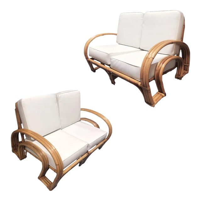 Restored Mid-Century Rattan Double Horseshoe Settee Sofa, Pair (1 of 12)