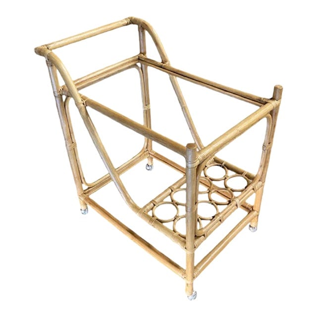 Restored Mid Century Rattan Bar Cart W/ Bottle Holder by Angraves, Circa 1970 (1 of 10)