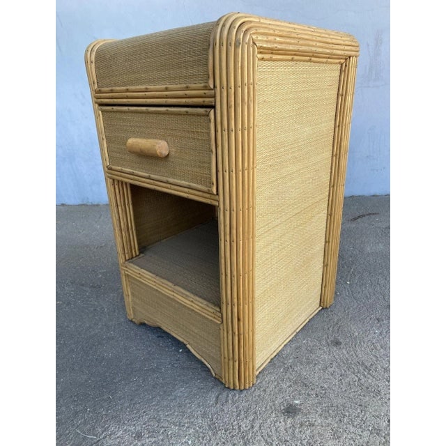 1930s Restored Streamline Stick Reed Rattan Nightstand with Grass Mat Coverings - 4