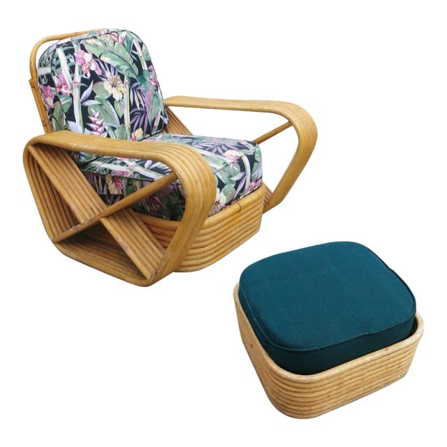 Restored Paul Frankl Style Six-Strand Square Pretzel Rattan Lounge Chair & Ottoman (1 of 10)