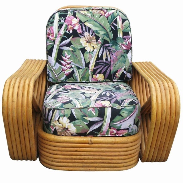 Restored Paul Frankl Style Six-Strand Square Pretzel Rattan Lounge Chair & Ottoman - 4
