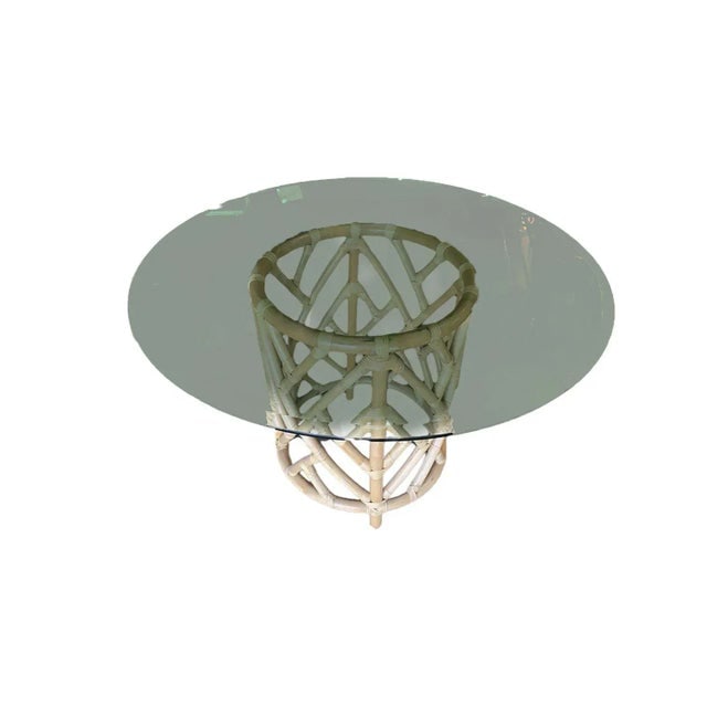 1960s Round Pedestal Table and Geometric Bucket Armchair Rattan Dining Set of 5 - 2