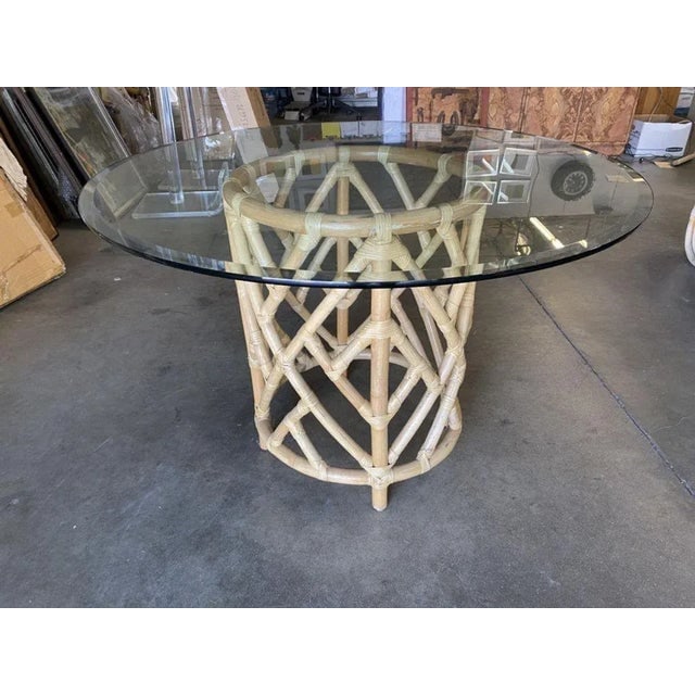 1960s Round Pedestal Table and Geometric Bucket Armchair Rattan Dining Set of 5 - 4