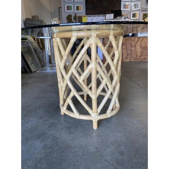 1960s Round Pedestal Table and Geometric Bucket Armchair Rattan Dining Set of 5 - 5