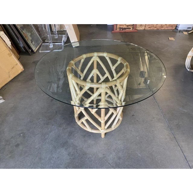 1960s Round Pedestal Table and Geometric Bucket Armchair Rattan Dining Set of 5 - 6