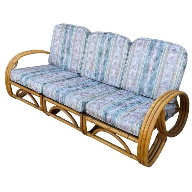 1940s Restored Mid-Century Modern 3-Strand 3/4 Pretzel Arm Rattan Sofa & Settee Living Room Set- 2 - 7