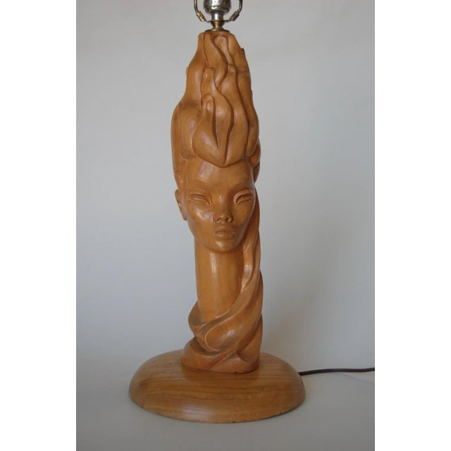 Mid-Century Carved Oak Modernist Female Bust Table Lamp - 10