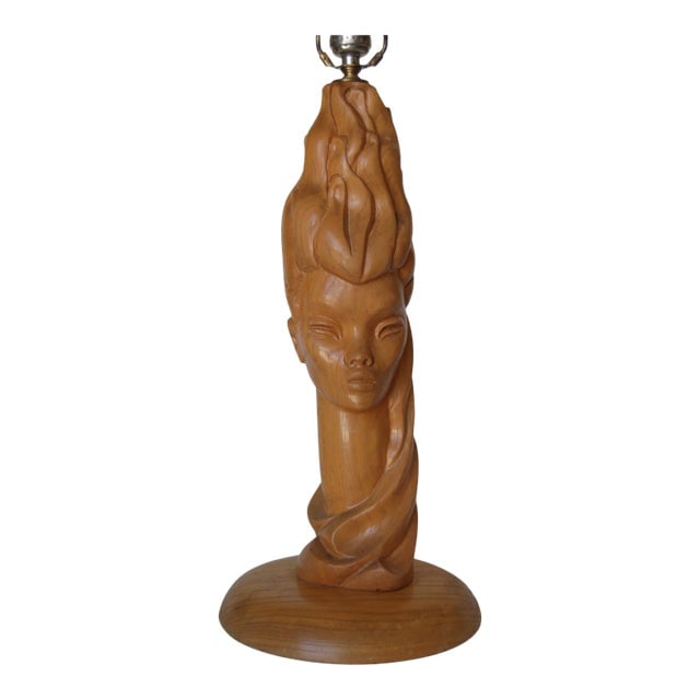 Mid-Century Carved Oak Modernist Female Bust Table Lamp (1 of 10)