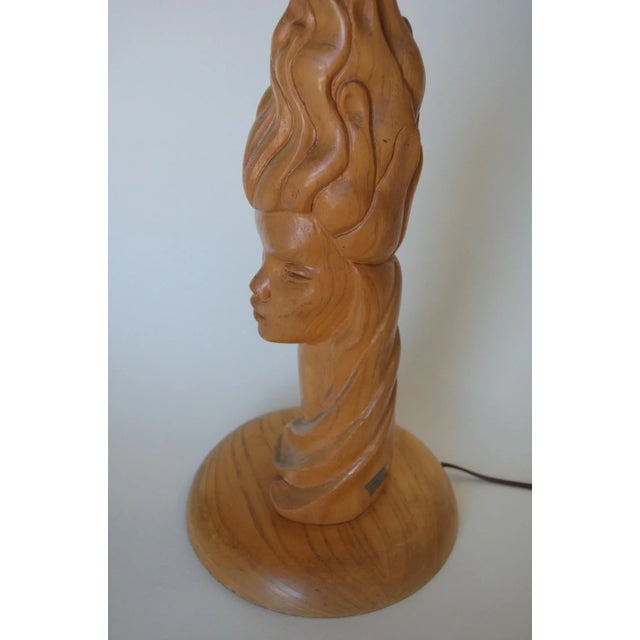 Mid-Century Carved Oak Modernist Female Bust Table Lamp - 2