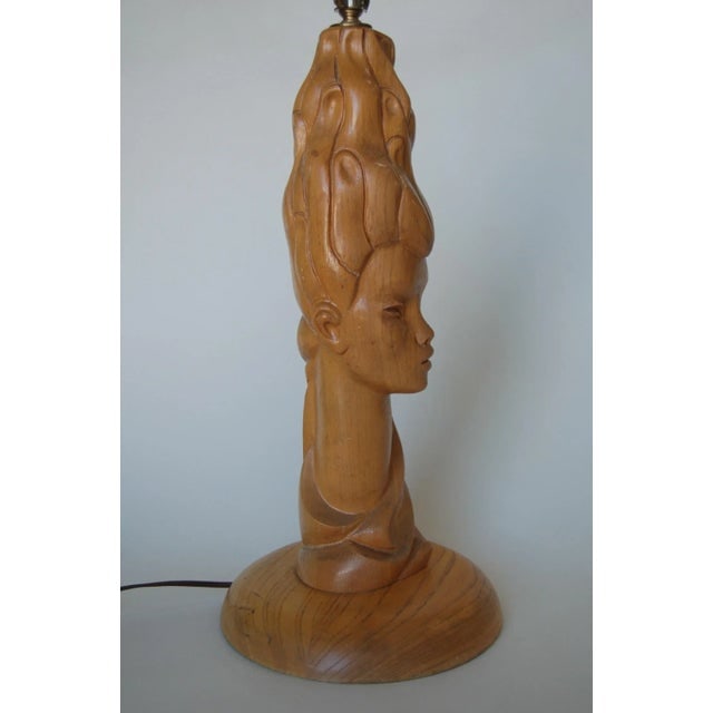 Mid-Century Carved Oak Modernist Female Bust Table Lamp - 3