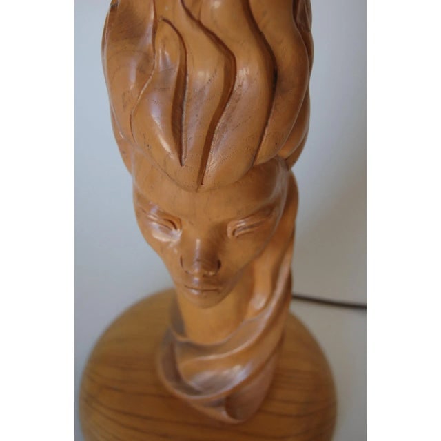 Mid-Century Carved Oak Modernist Female Bust Table Lamp - 4