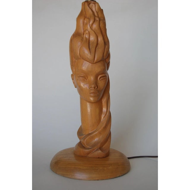 Mid-Century Carved Oak Modernist Female Bust Table Lamp - 5