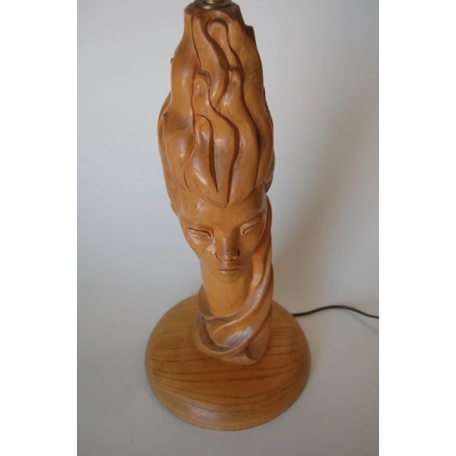 Mid-Century Carved Oak Modernist Female Bust Table Lamp - 6