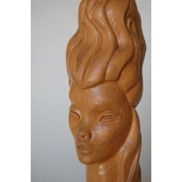 Mid-Century Carved Oak Modernist Female Bust Table Lamp - 7