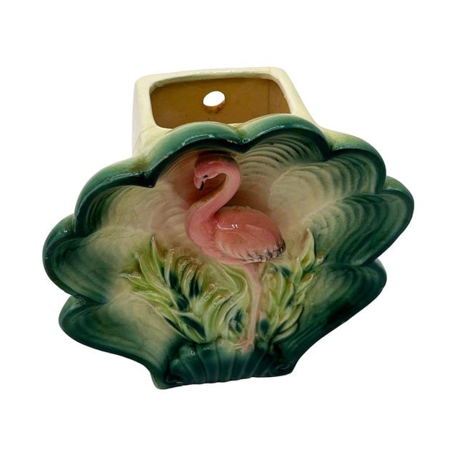 1950s Rare Japanese Mid-Century Tropical Calm Shell Flamingo Flower Wall Planter - 3