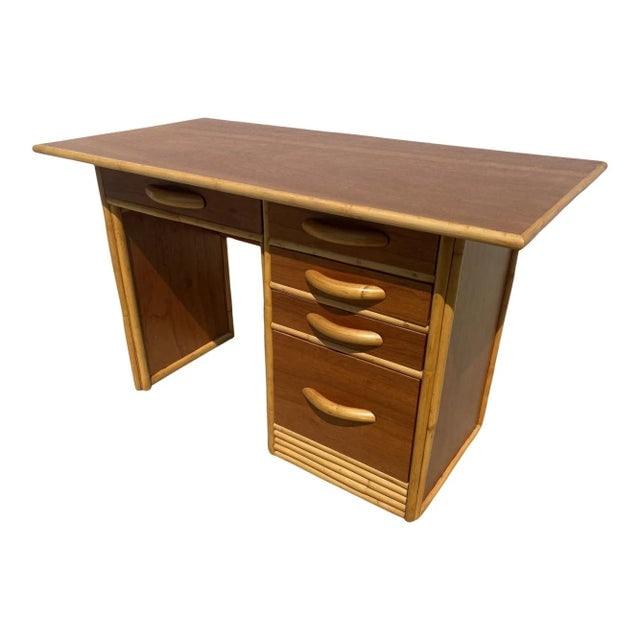 1950s Restored Post-War Hawaiian Koa Wood Desk W/ Rattan Border - 3