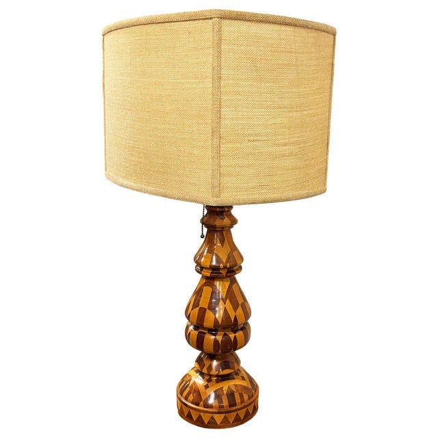 1960s Mid-Century Modern Hand Turned Segmented Marquetry Inlay Mosaic Table Lamp W/ Shade - 2