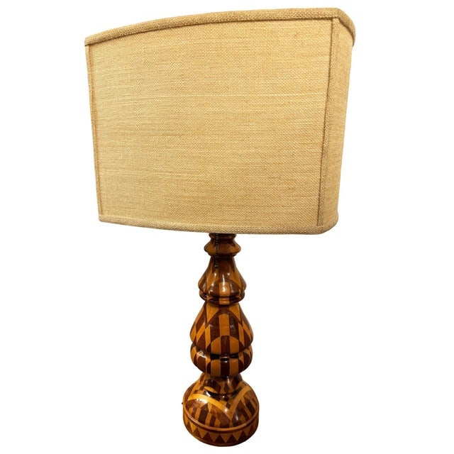 1960s Mid-Century Modern Hand Turned Segmented Marquetry Inlay Mosaic Table Lamp W/ Shade - 3