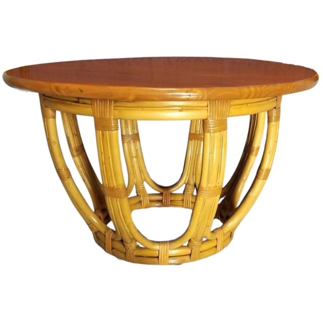 1950s Restored Mid-Century Rattan & Mahogany 3-Strand Round Drum Base Coffee Table - 2