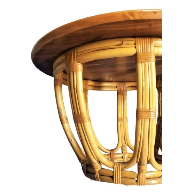 1950s Restored Mid-Century Rattan & Mahogany 3-Strand Round Drum Base Coffee Table - 3